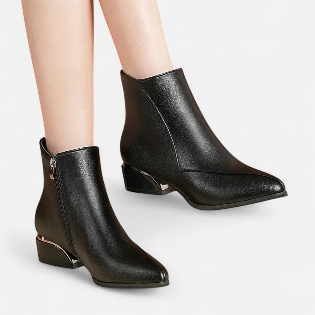 Lia | Pointed Toe Low Block Heel Ankle Boots