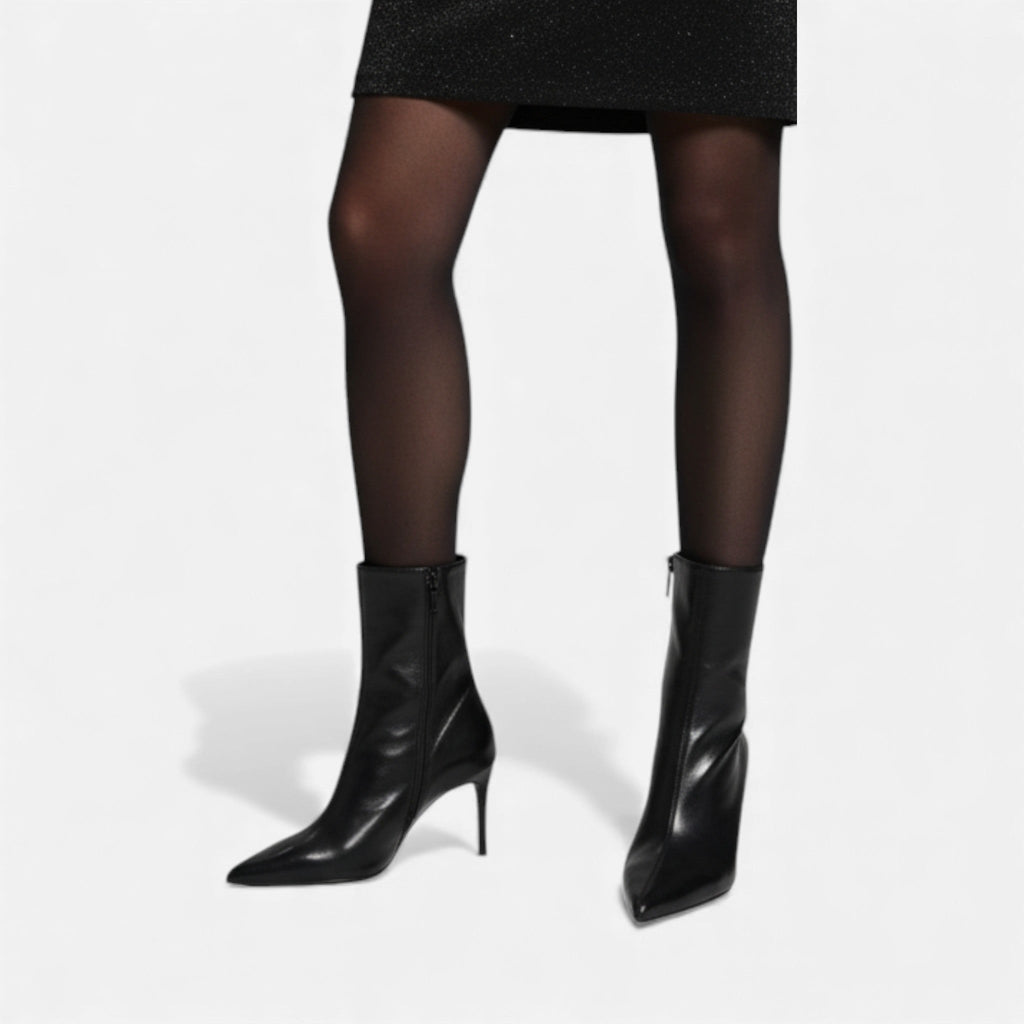 Polished Black Pointed Toe High Heel Ankle Boots