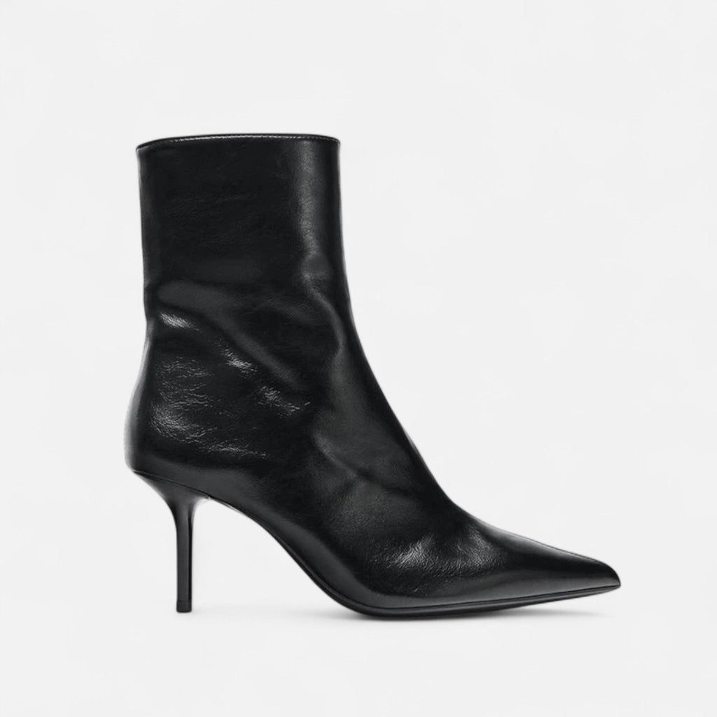 Polished Black Pointed Toe High Heel Ankle Boots