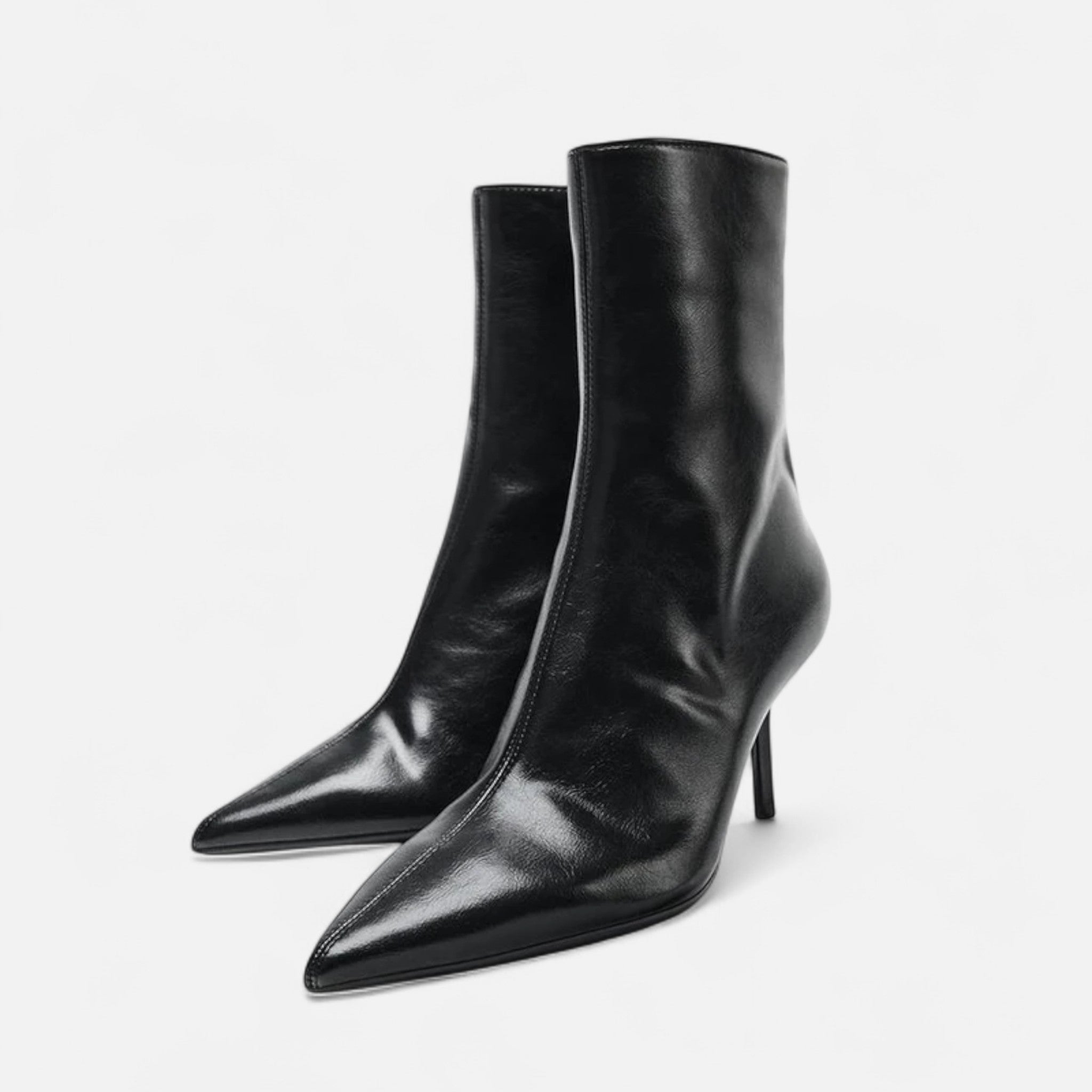 Polished Black Pointed Toe High Heel Ankle Boots