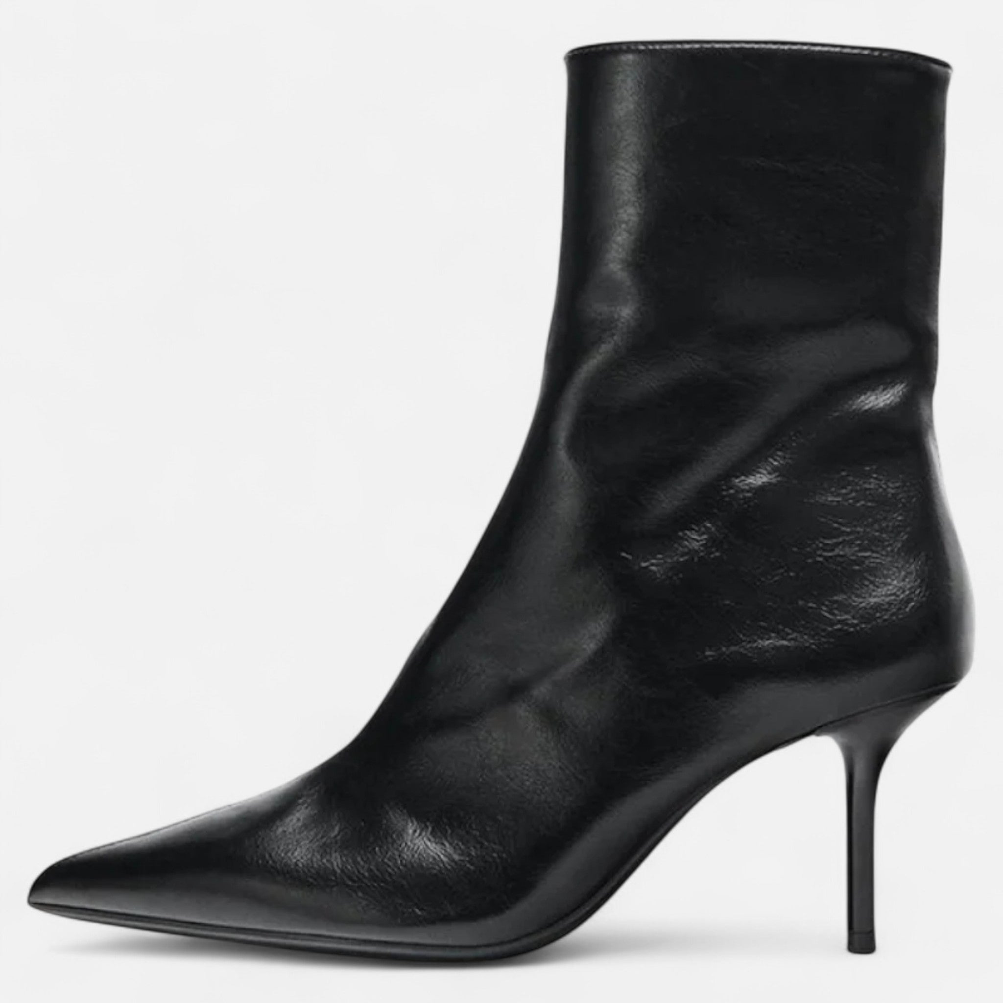 Polished Black Pointed Toe High Heel Ankle Boots