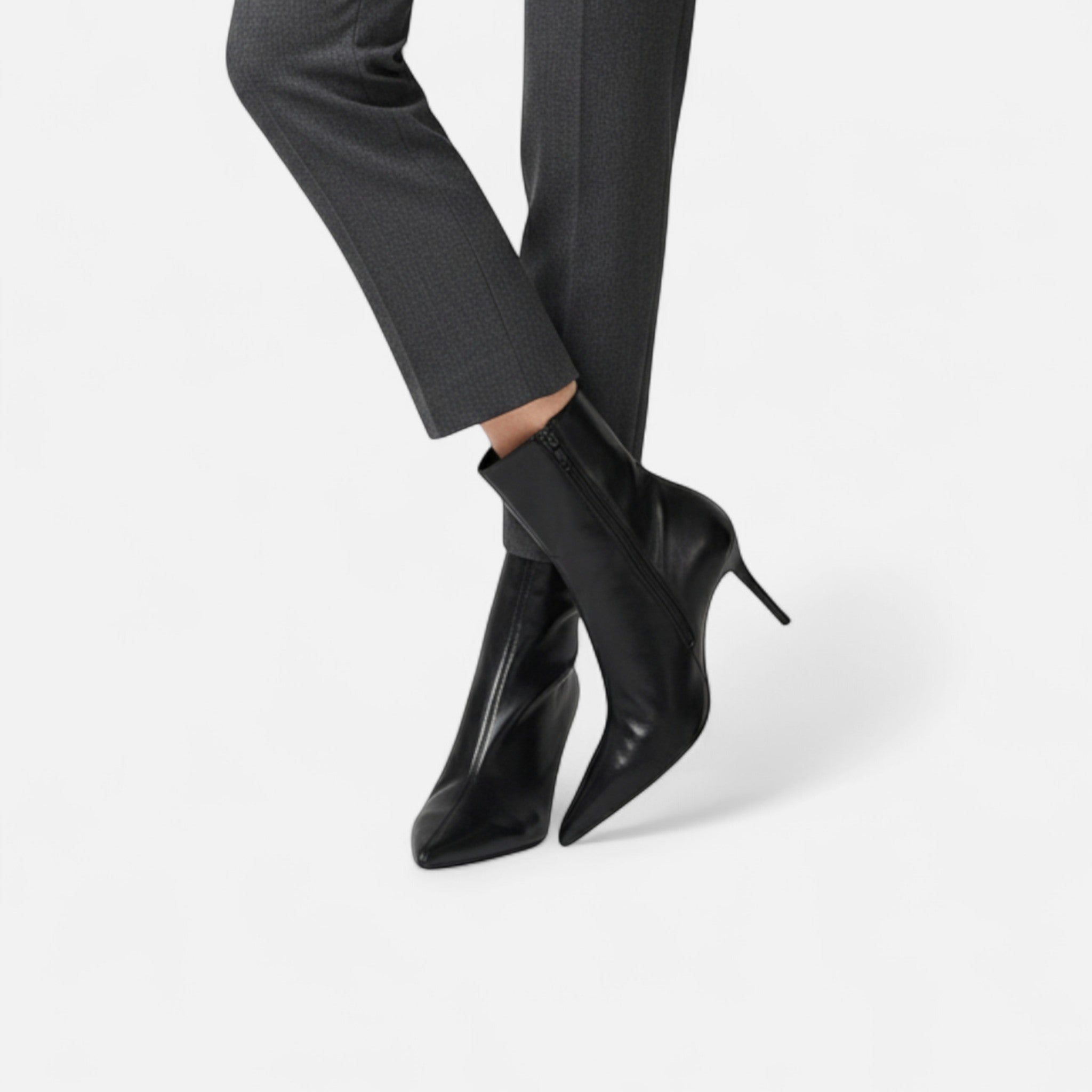 Polished Black Pointed Toe High Heel Ankle Boots
