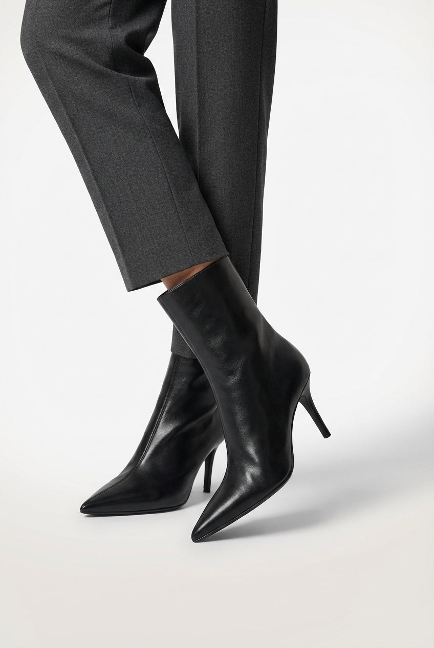 Polished Black Pointed Toe High Heel Ankle Boots