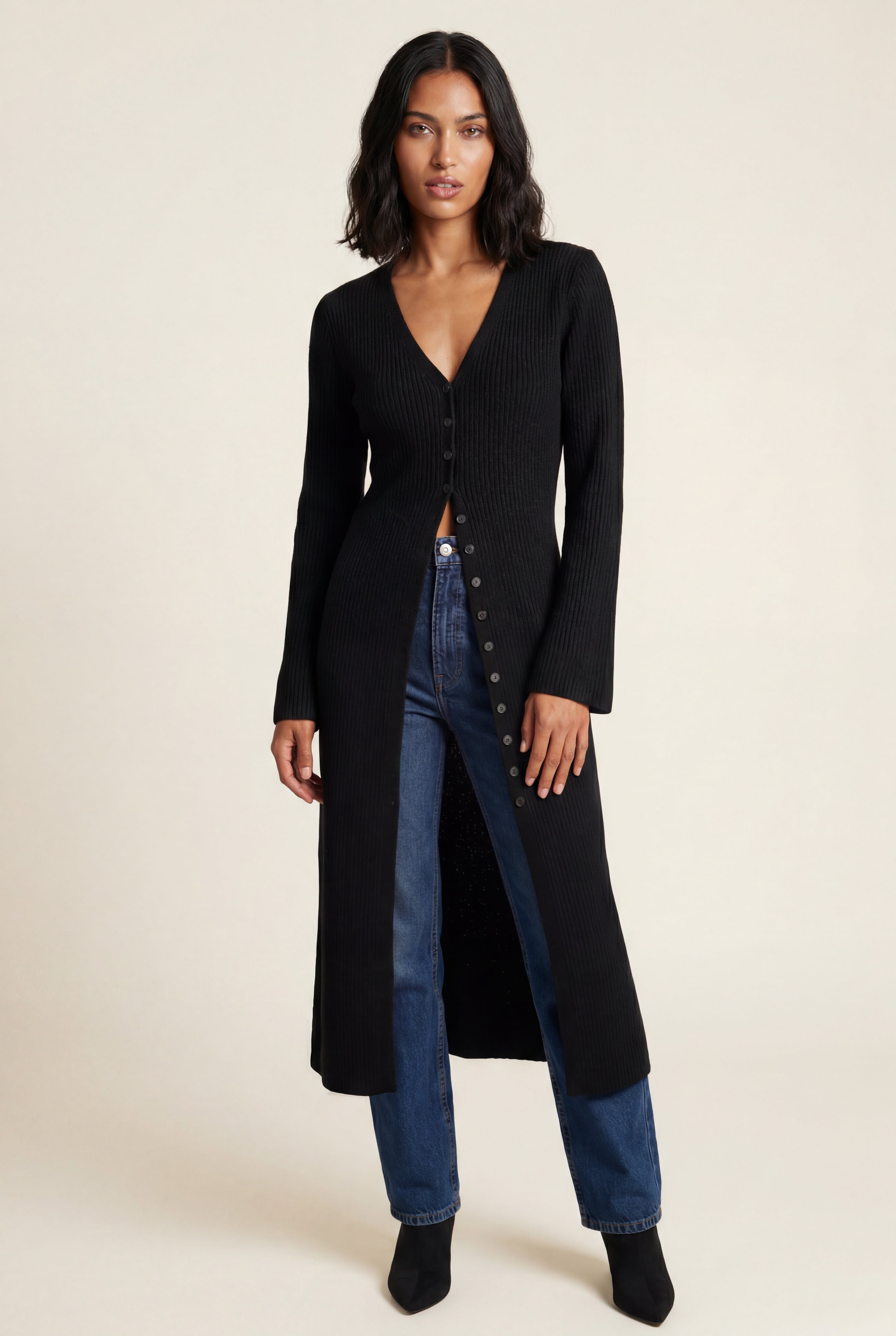 Ribbed Maxi Cardigan with Flared Sleeves | Senna