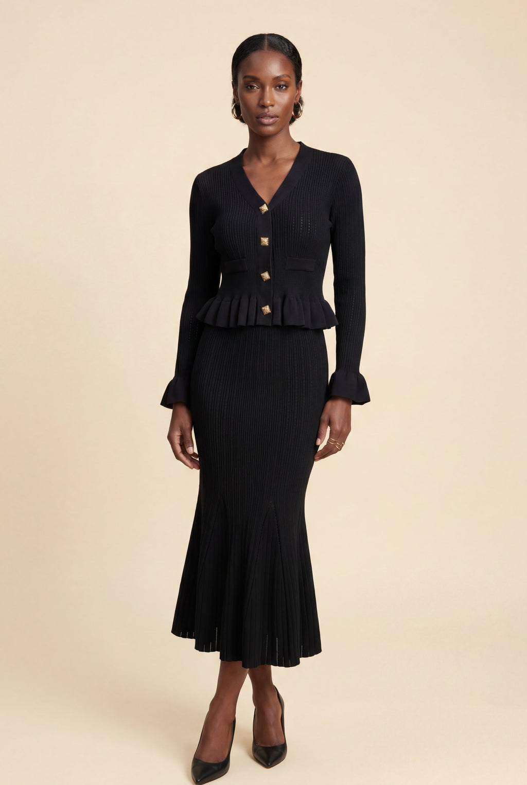 Lia | Ribbed Peplum Cardigan and Fluted Midi Skirt Set
