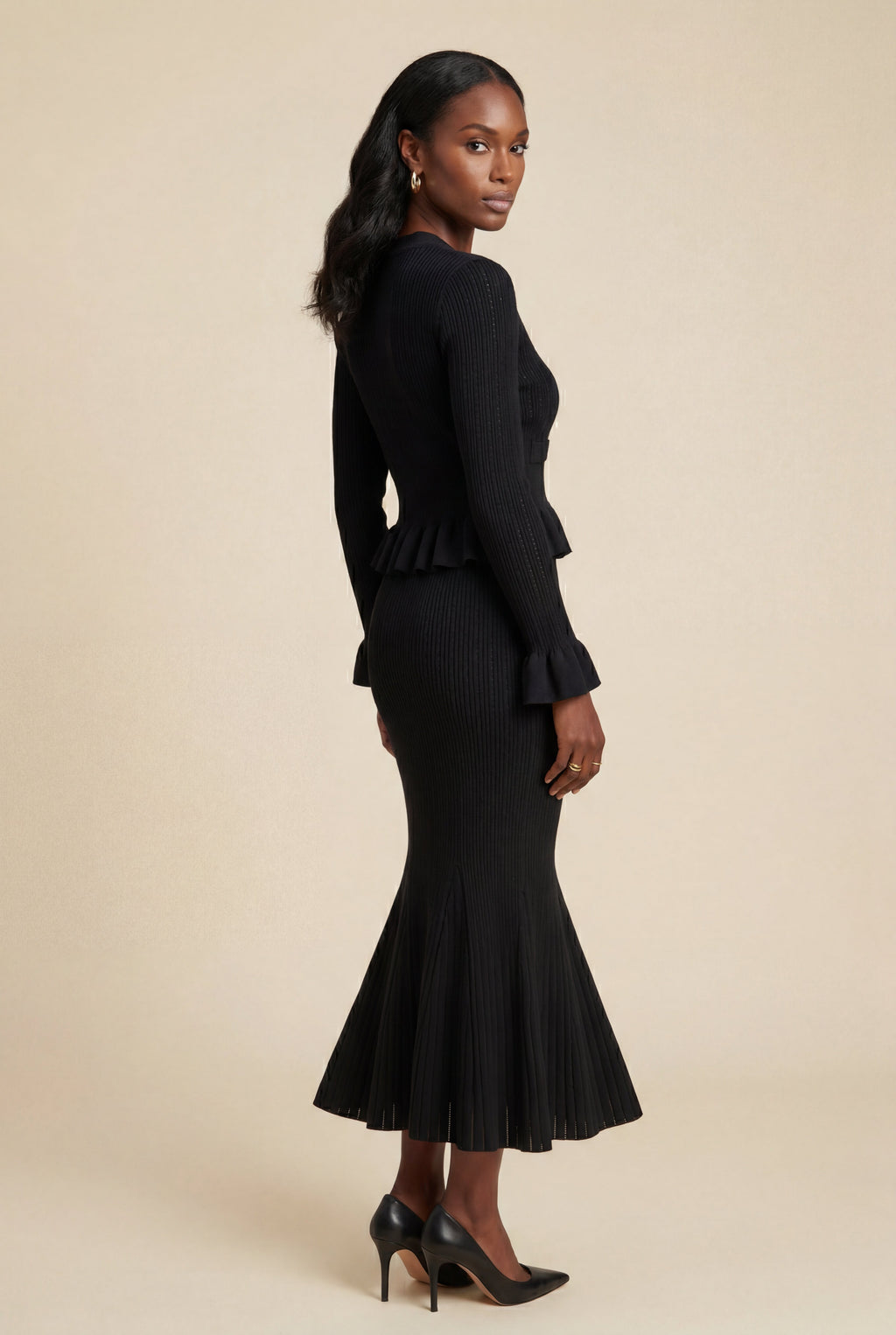 Lia | Ribbed Peplum Cardigan and Fluted Midi Skirt Set