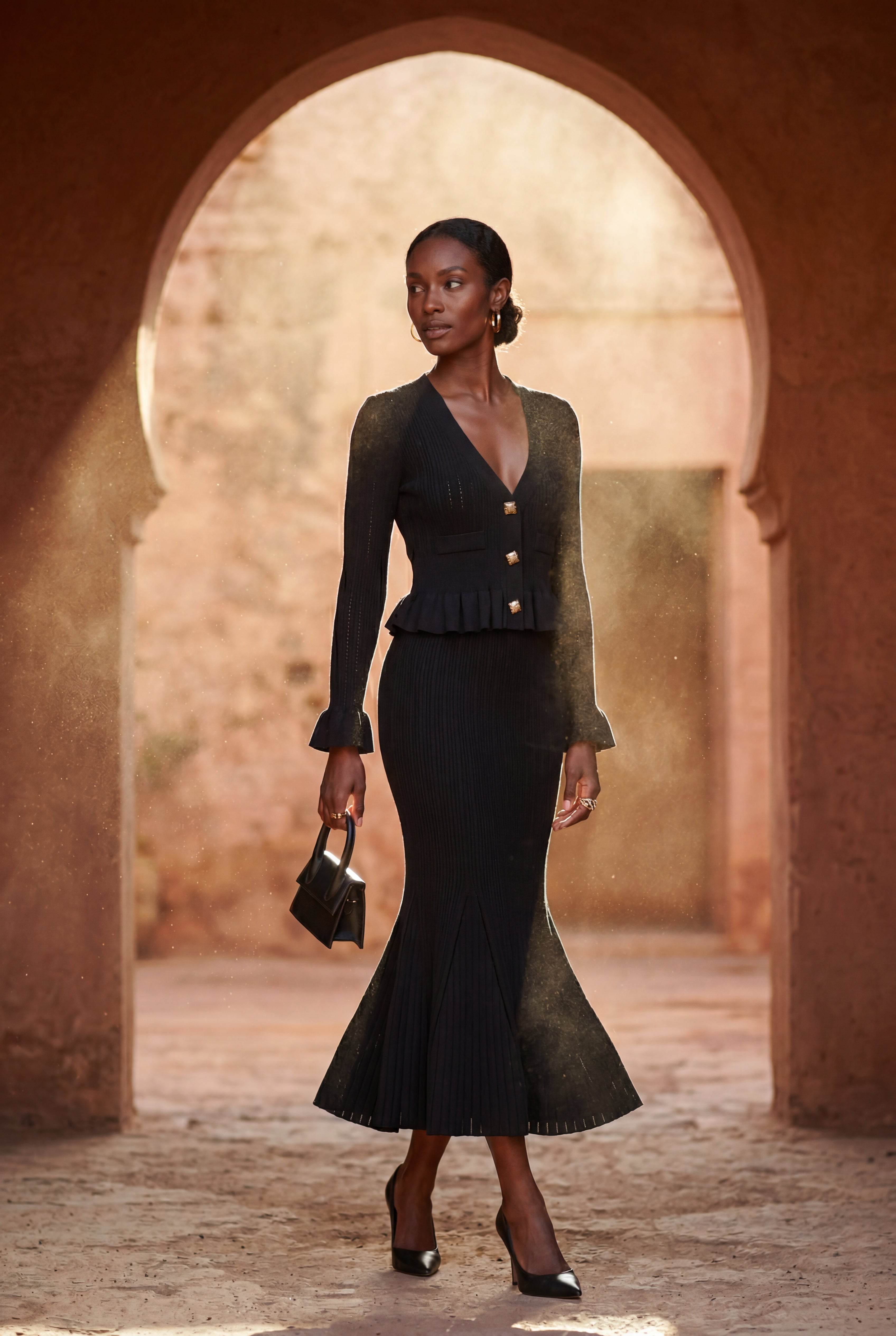 Lia | Ribbed Peplum Cardigan and Fluted Midi Skirt Set
