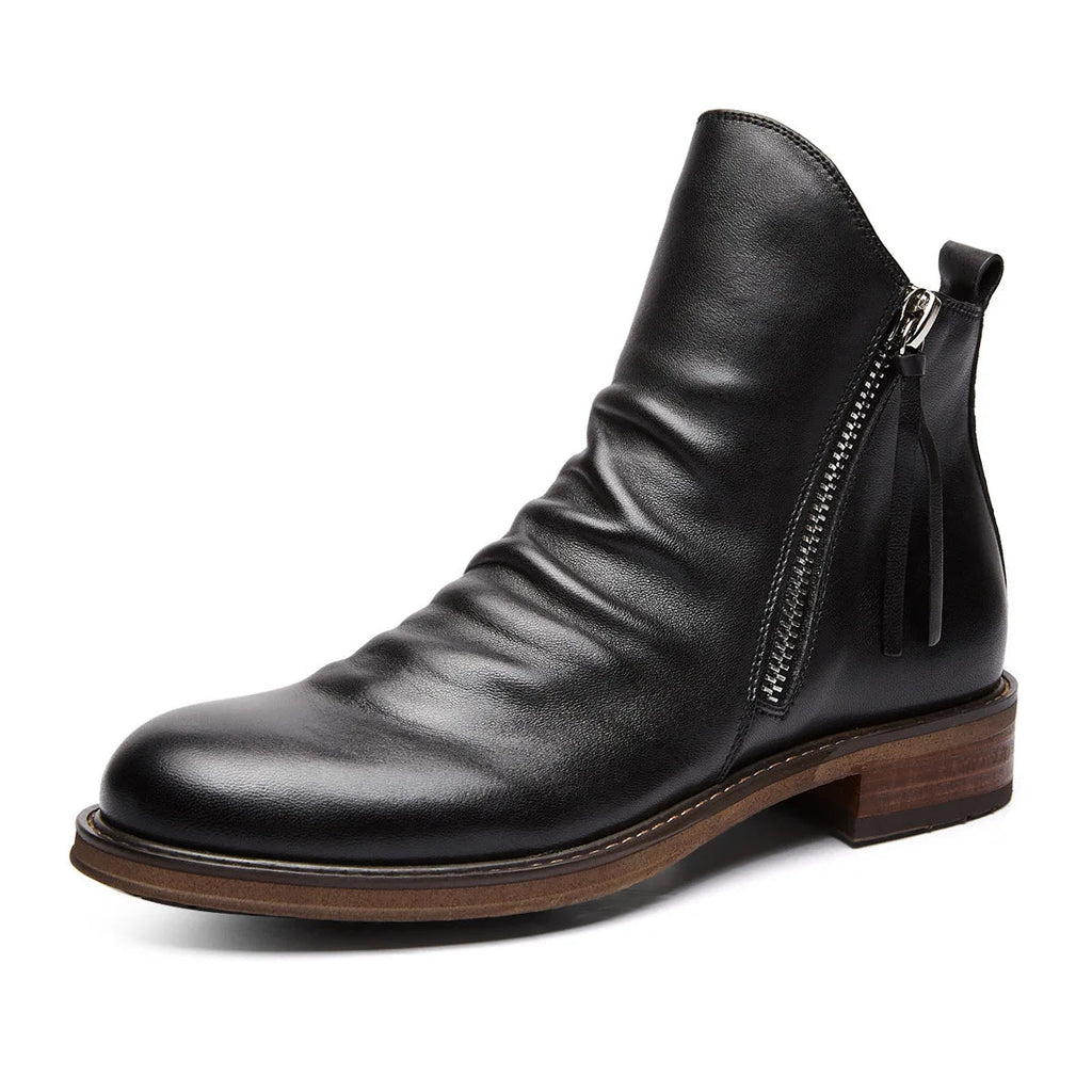 Kian | Ruched Zip Ankle Boots with Almond Toe and Stacked Heel