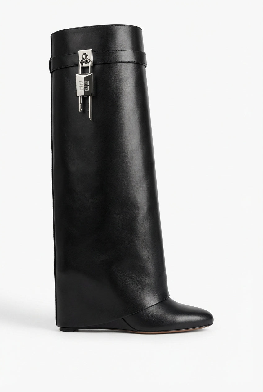 Elcevi | Sculptural High Shaft Wedge Boots with Padlock Detail For Women
