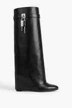 Elcevi | Sculptural High Shaft Wedge Boots with Padlock Detail For Women
