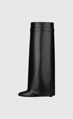 Elcevi | Sculptural High Shaft Wedge Boots with Padlock Detail For Women