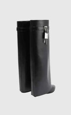 Elcevi | Sculptural High Shaft Wedge Boots with Padlock Detail For Women