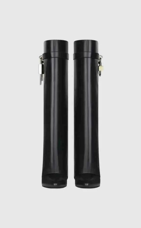 Elcevi | Sculptural High Shaft Wedge Boots with Padlock Detail For Women