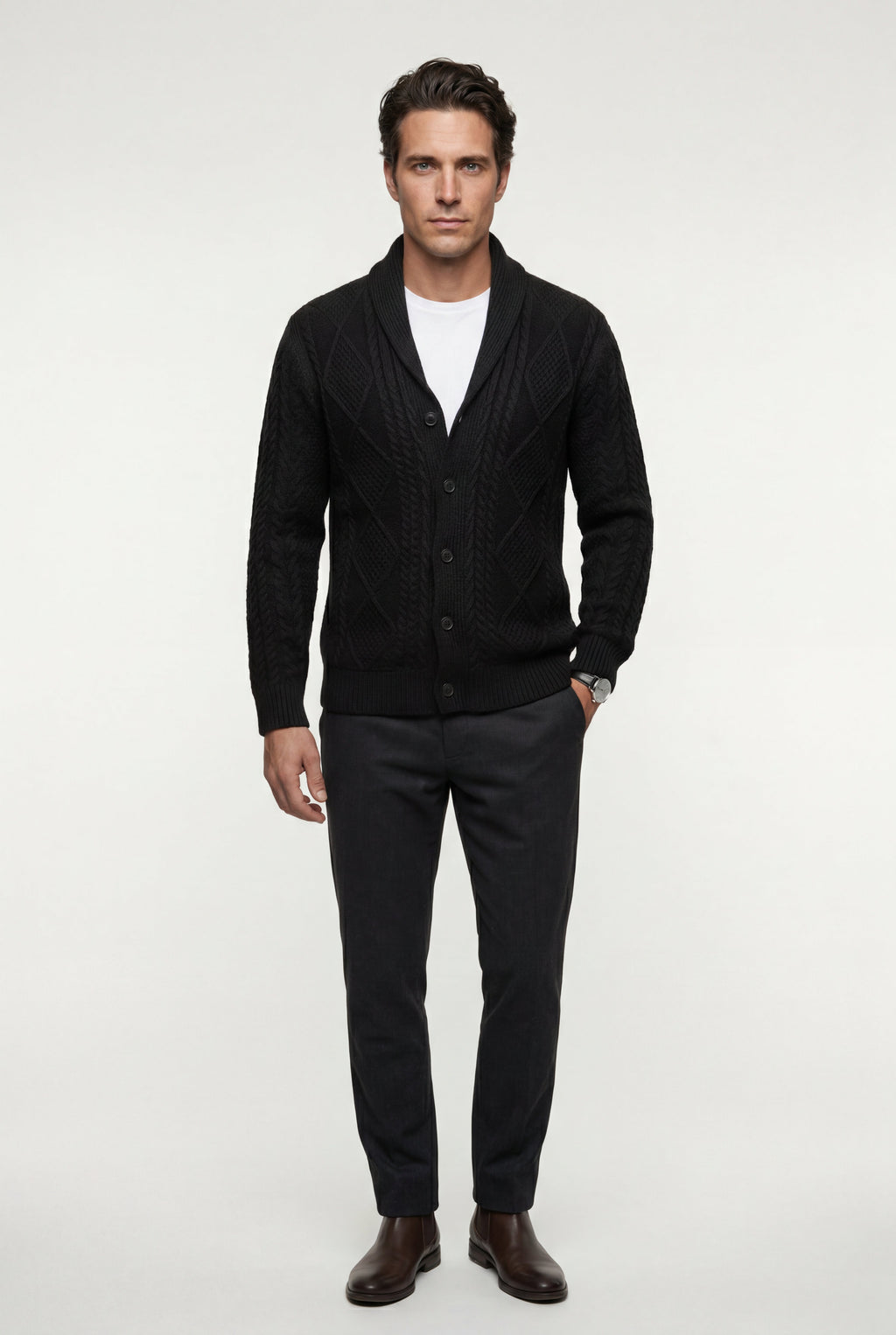 Liam | Shawl Collar Cable Button Cardigan