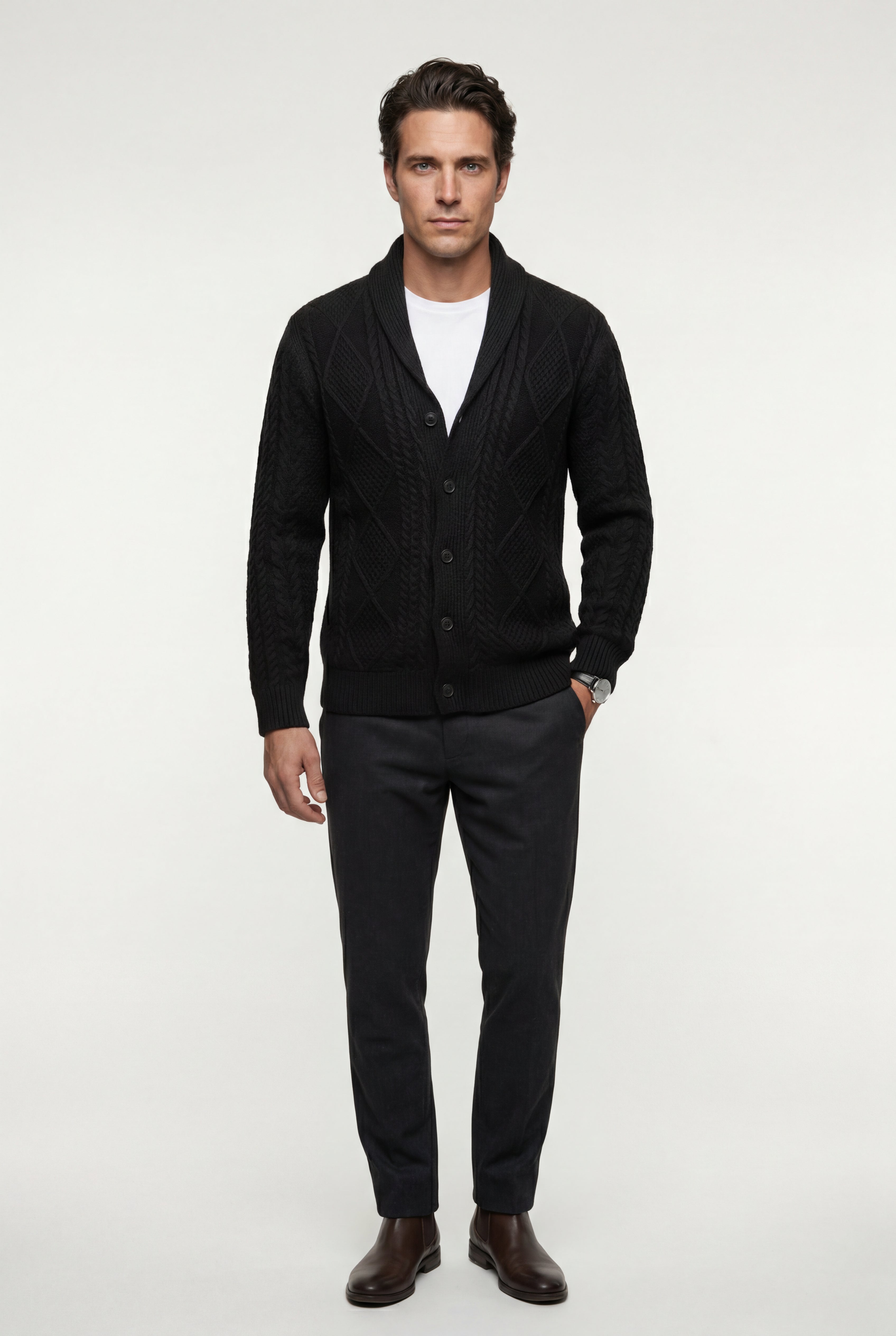 Liam | Shawl Collar Cable Button Cardigan