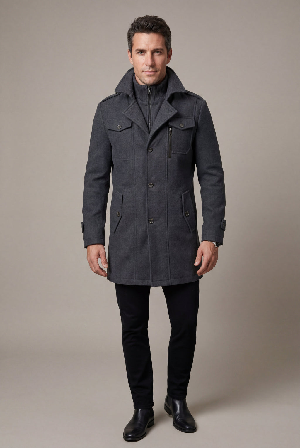 Liam | Stand Collar Slim Fit Winter Coat with Button Tab