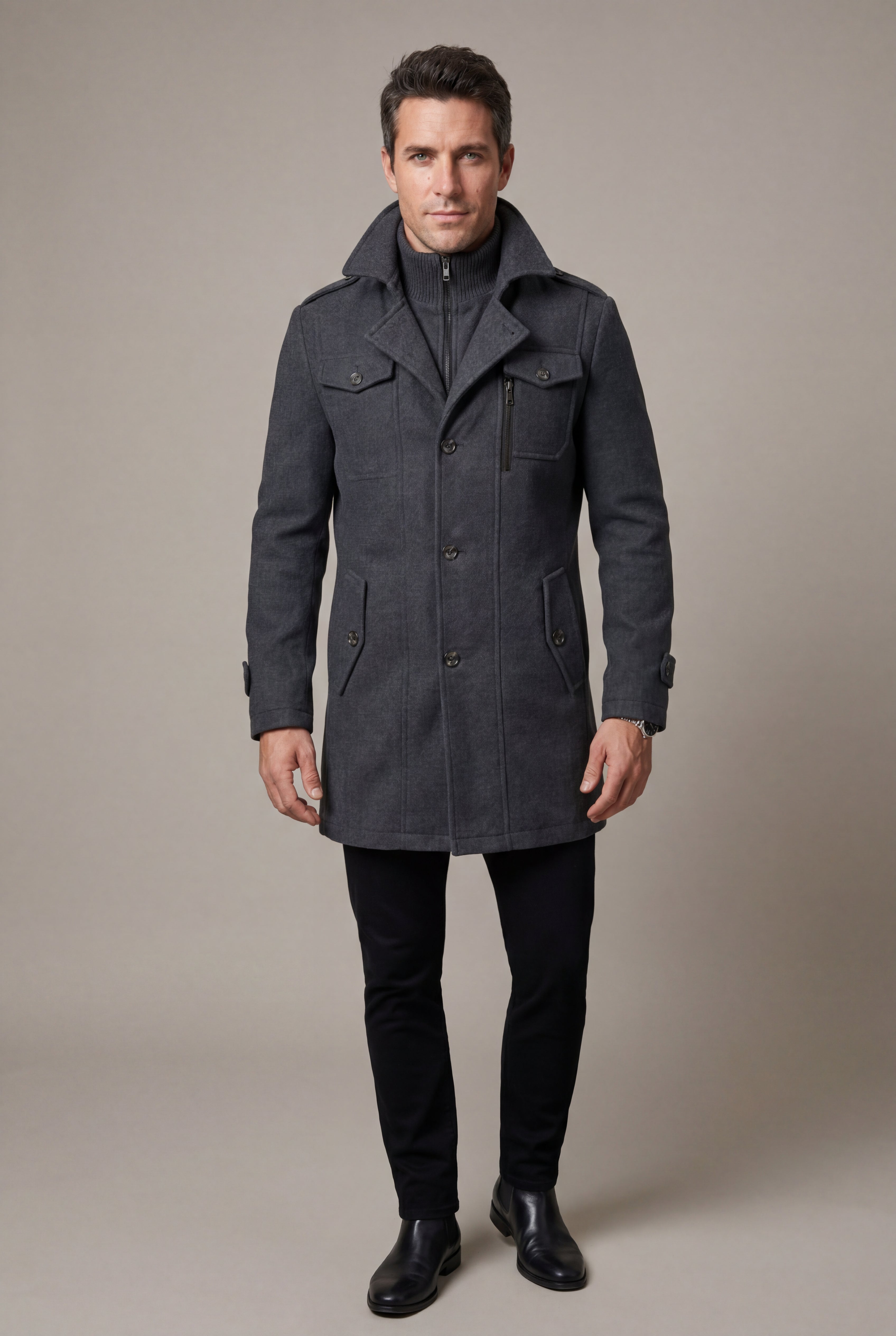 Liam | Stand Collar Slim Fit Winter Coat with Button Tab