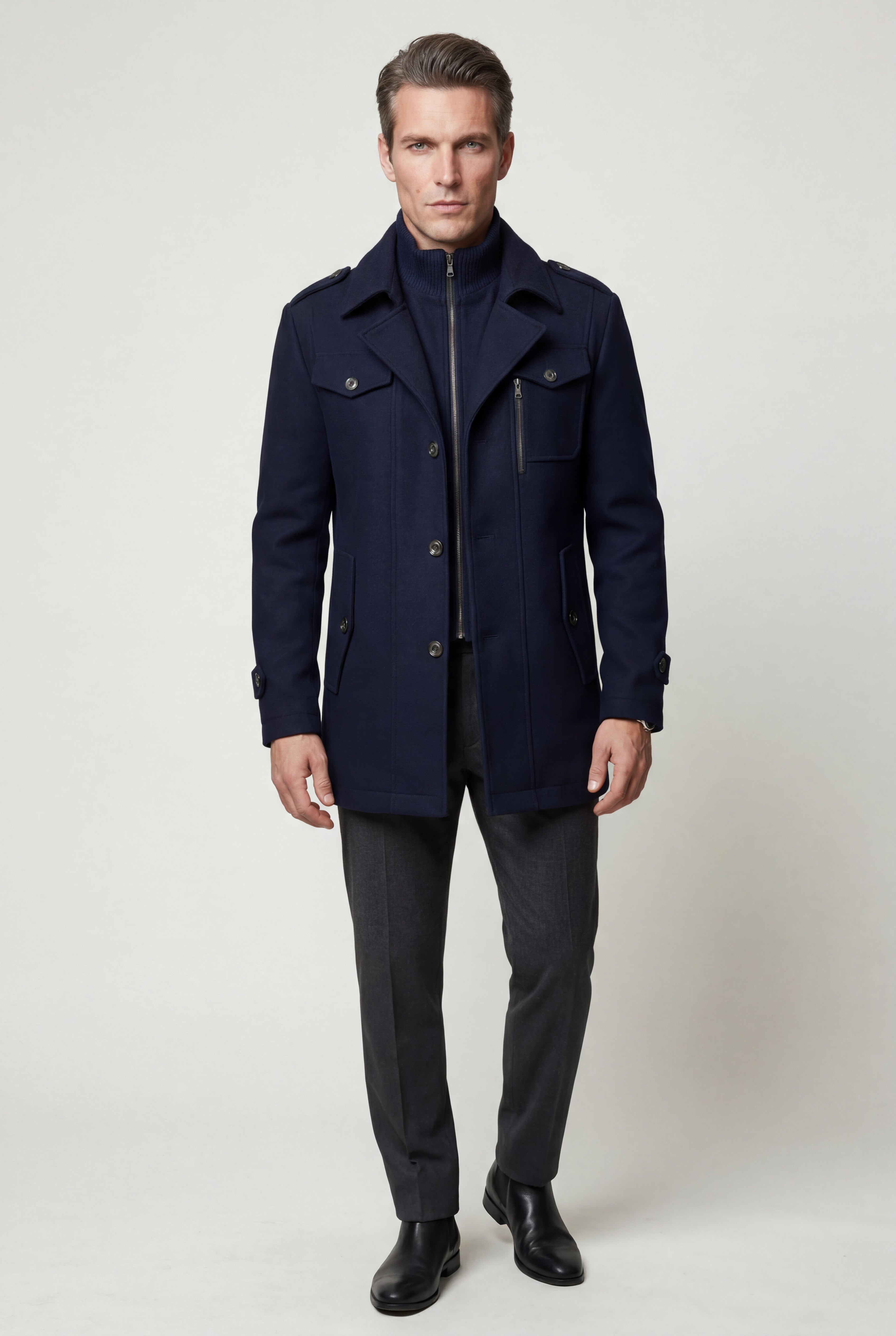 Liam | Stand Collar Slim Fit Winter Coat with Button Tab