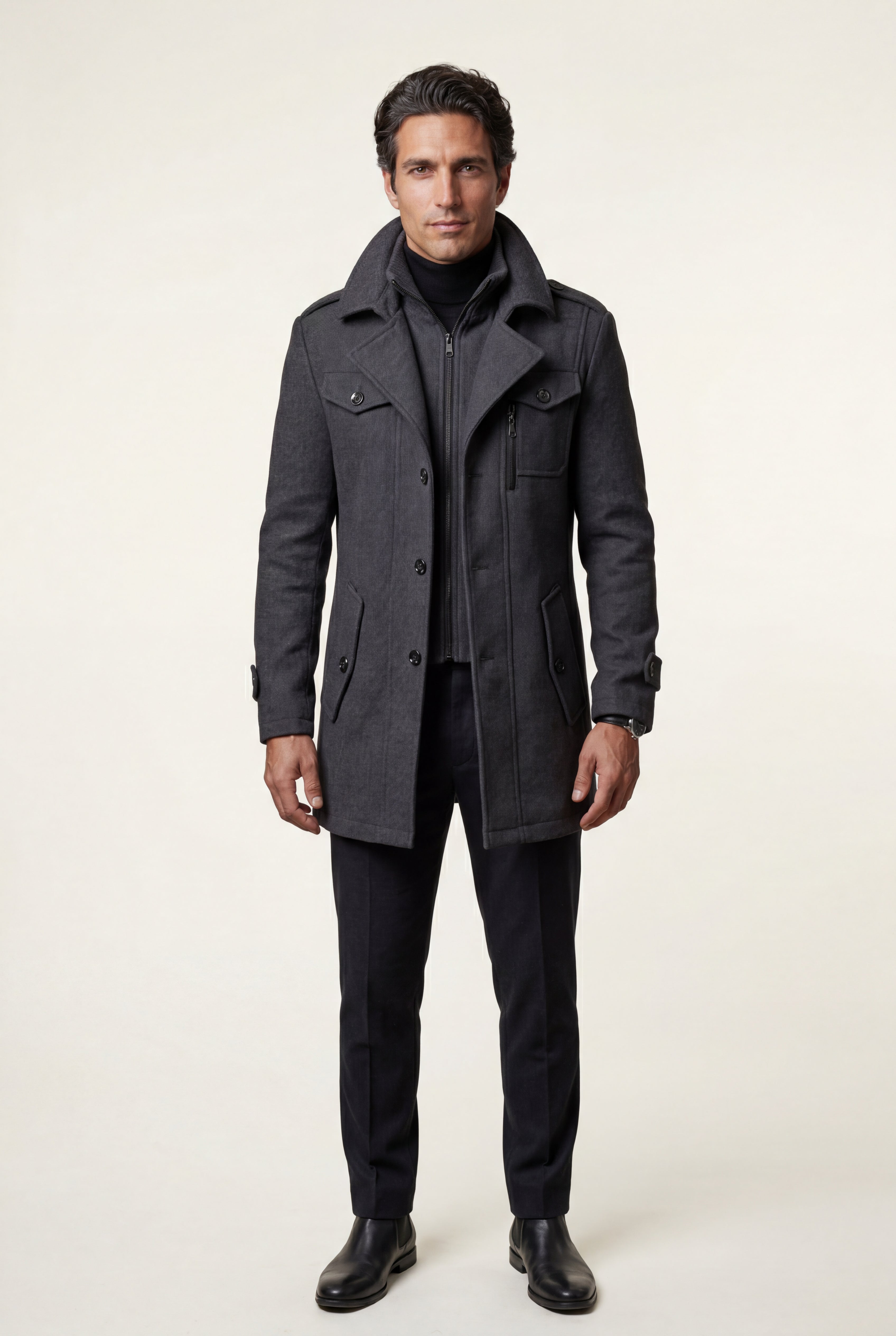 Liam | Stand Collar Slim Fit Winter Coat with Button Tab