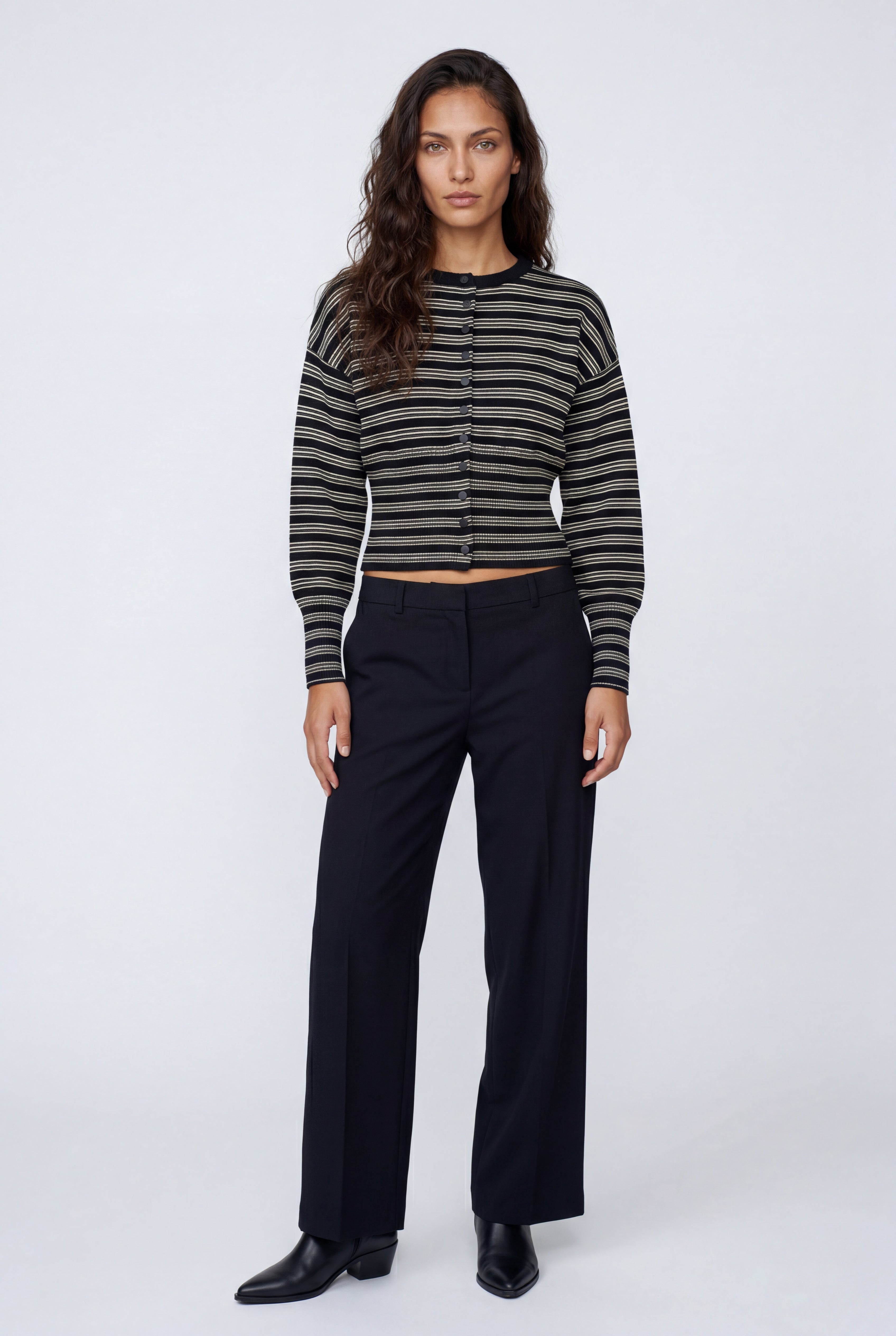 Striped Button-front Cropped Cardigan with Cinched Hem | Senna