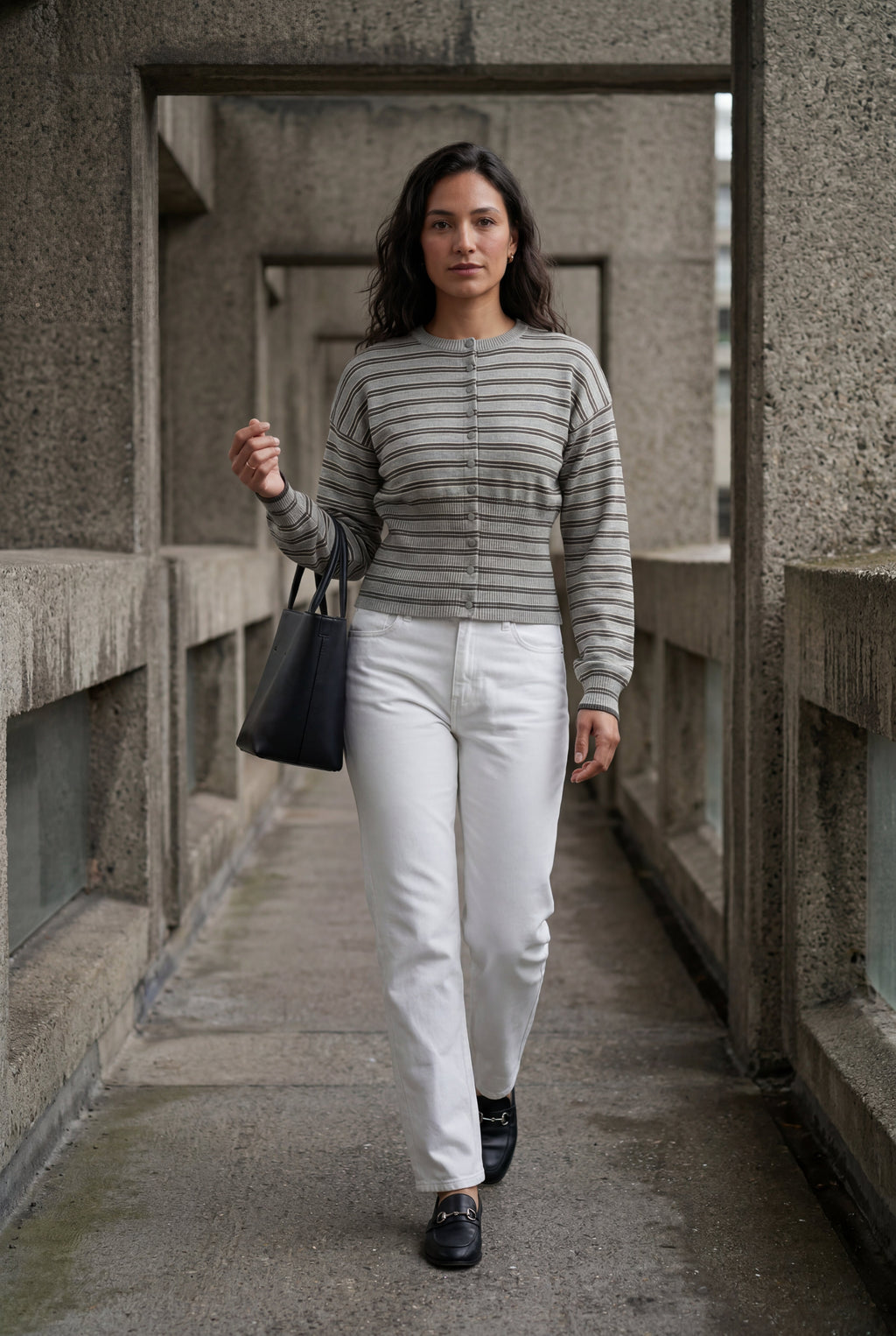 Striped Button-front Cropped Cardigan with Cinched Hem | Senna