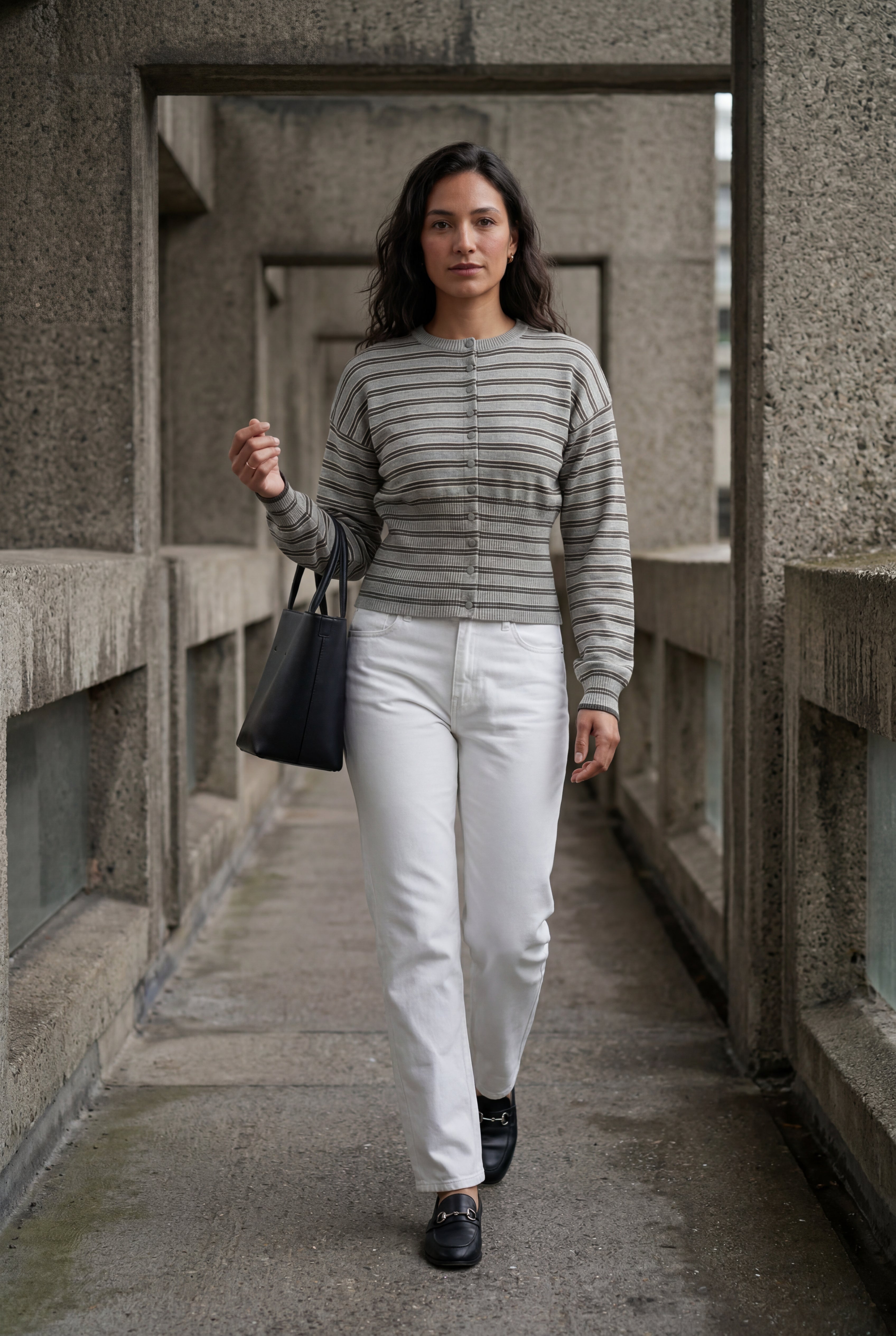 Striped Button-front Cropped Cardigan with Cinched Hem | Senna