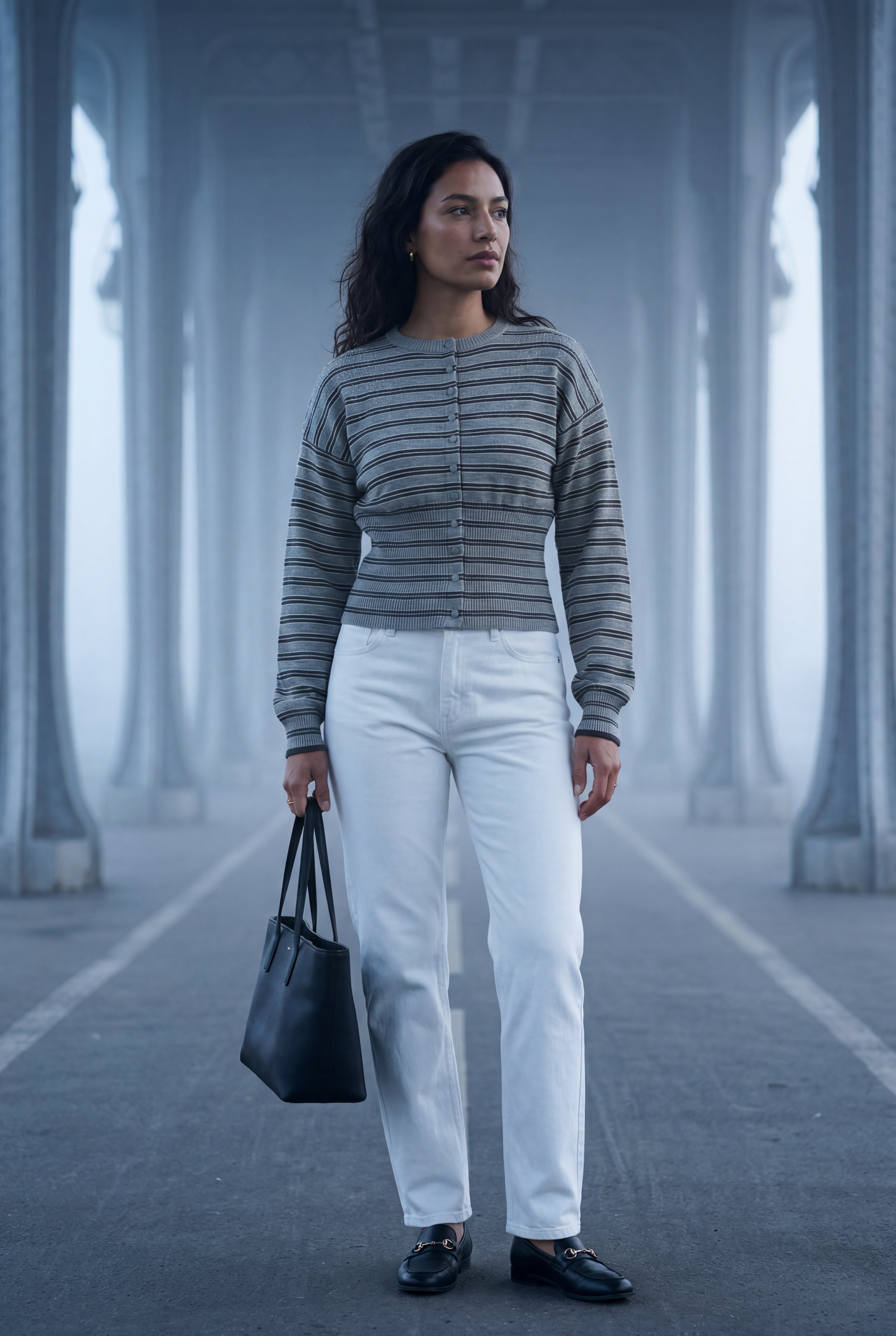 Striped Button-front Cropped Cardigan with Cinched Hem | Senna