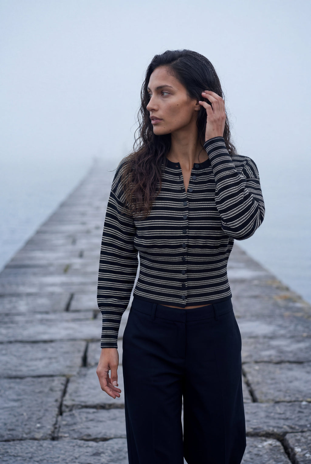 Striped Button-front Cropped Cardigan with Cinched Hem | Senna