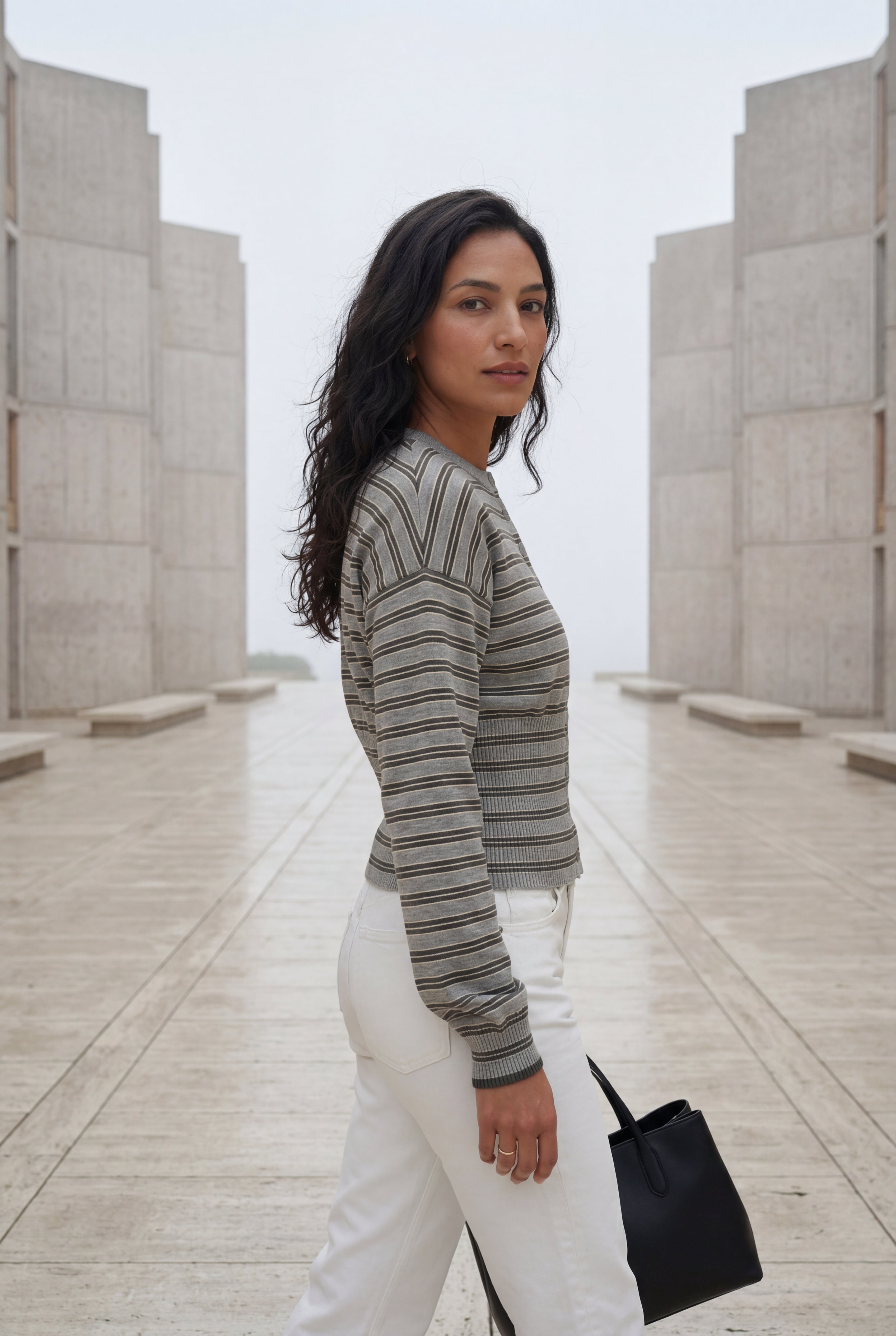 Striped Button-front Cropped Cardigan with Cinched Hem | Senna
