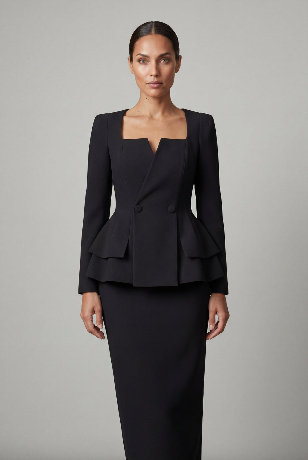 Structured Peplum Skirt Suit with Square Neckline | Elcevi