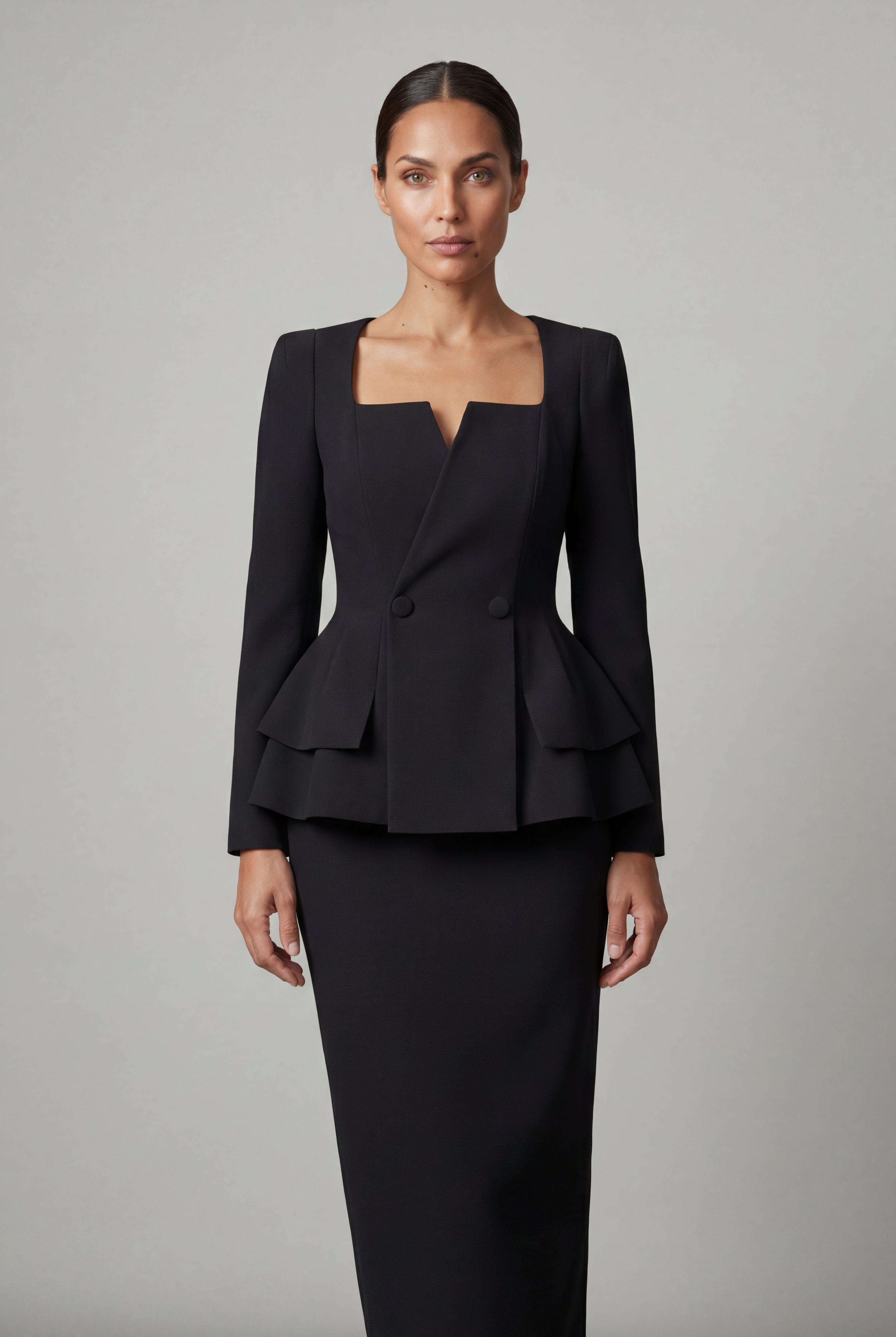 Structured Peplum Skirt Suit with Square Neckline | Elcevi
