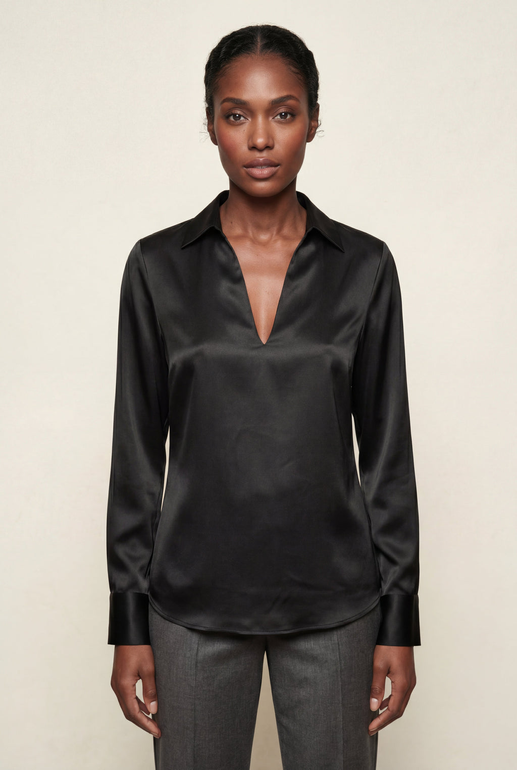 Elcevi | V-neck Relaxed-fit Blouse with Curved Hem For Women