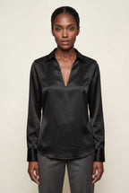 Elcevi | V-neck Relaxed-fit Blouse with Curved Hem For Women