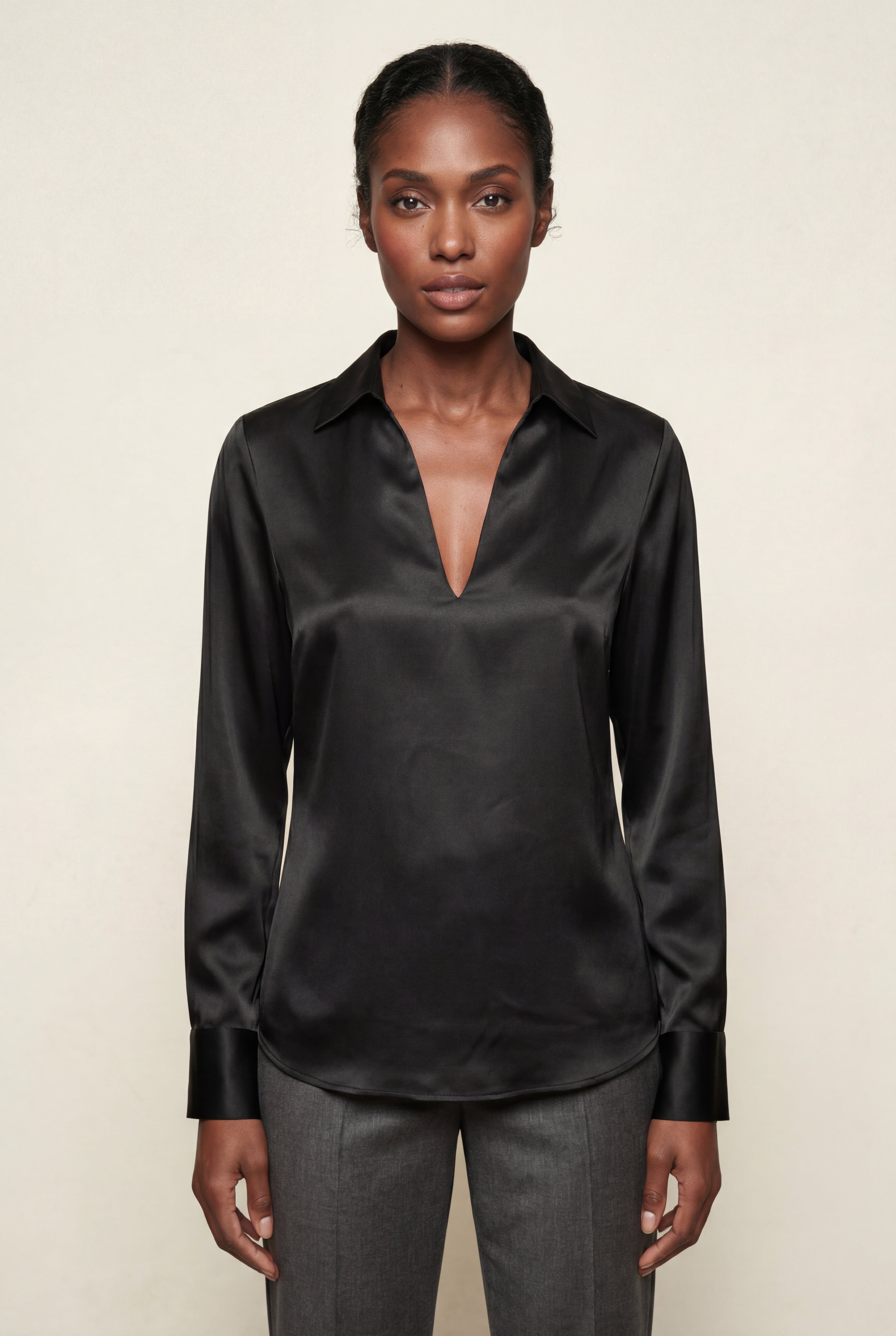 Elcevi | V-neck Relaxed-fit Blouse with Curved Hem For Women