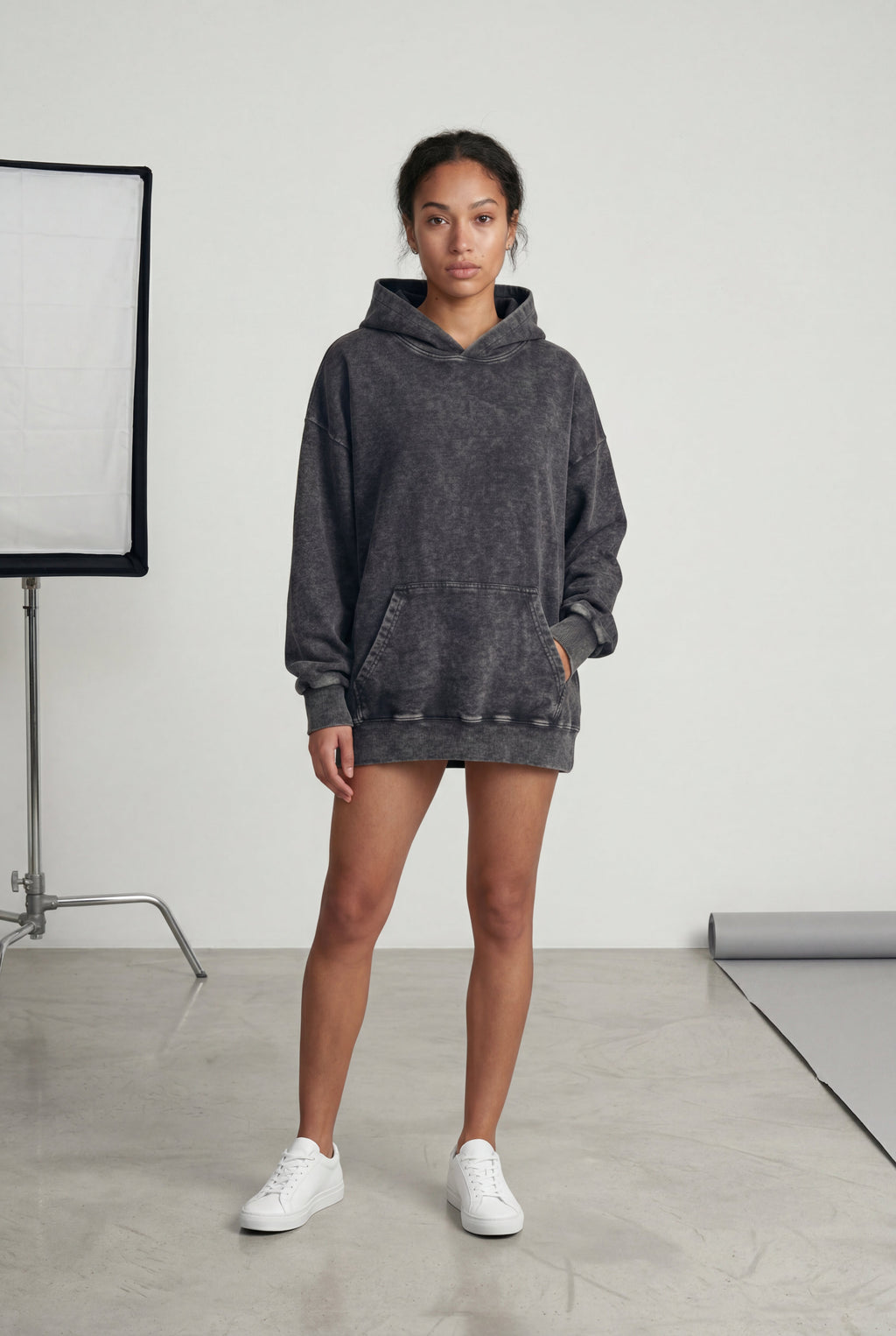 Lia | Washed Black Oversized Longline Hoodie with Kangaroo Pocket