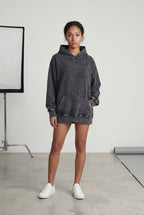 Lia | Washed Black Oversized Longline Hoodie with Kangaroo Pocket