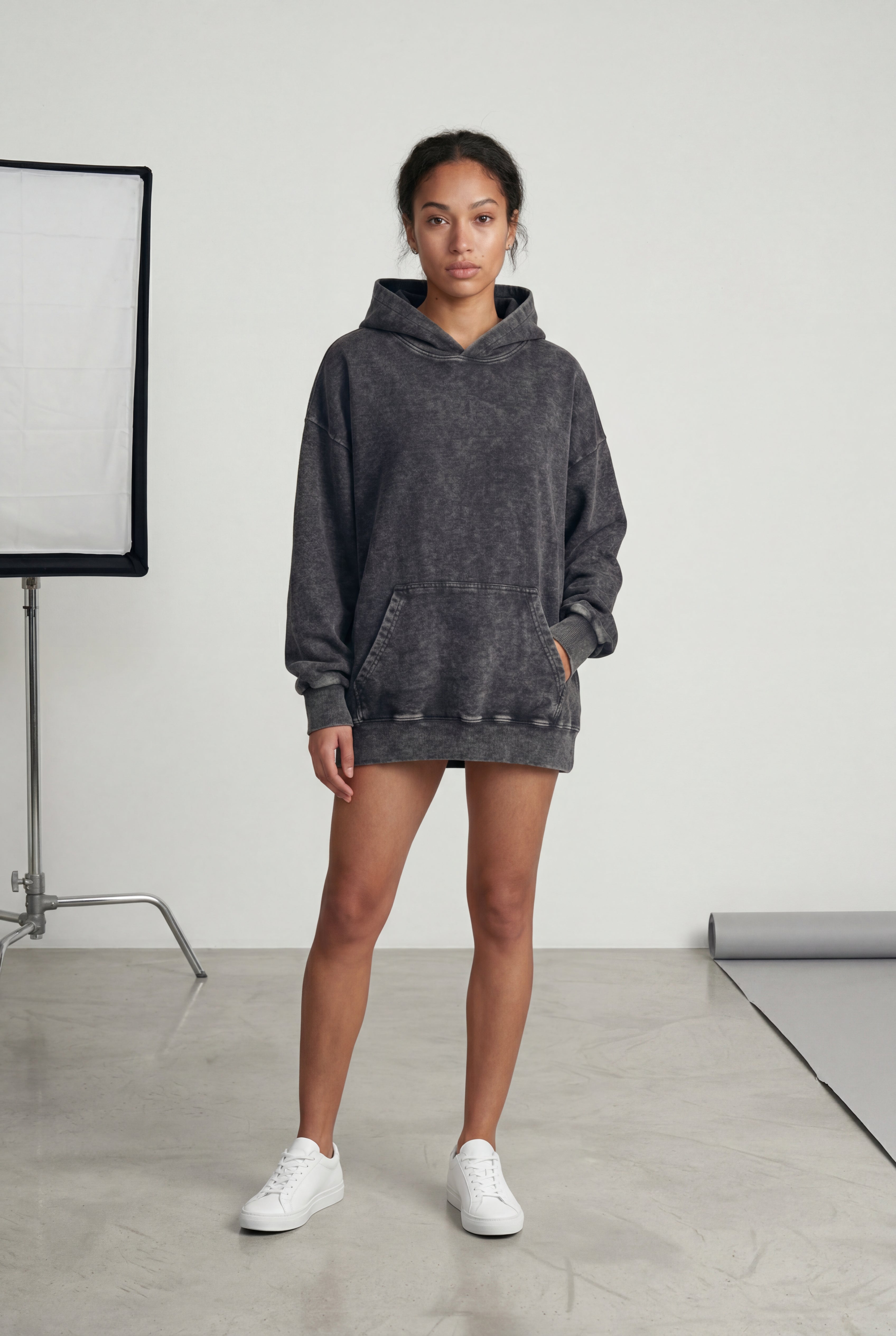 Lia | Washed Black Oversized Longline Hoodie with Kangaroo Pocket