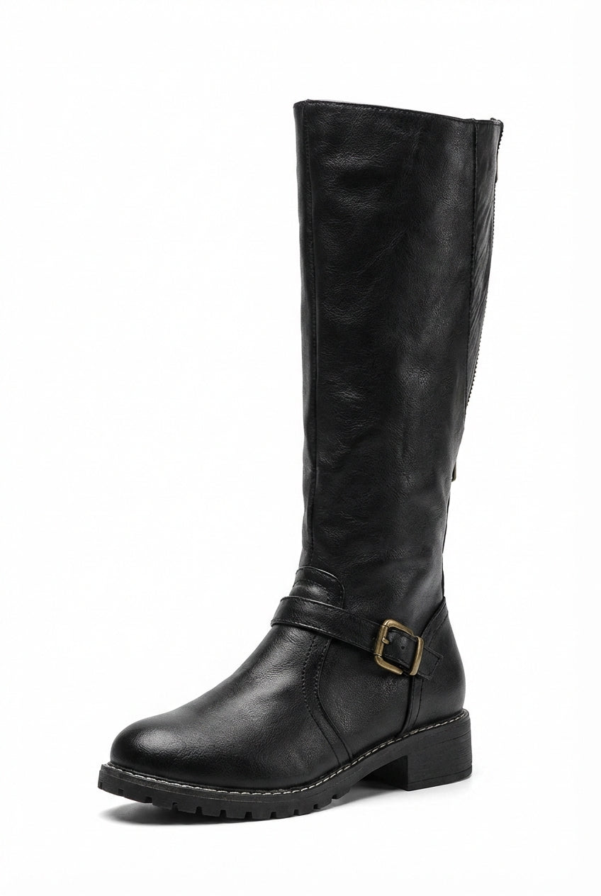 Lia | Women's Buckle Strap Knee-High Boots with Low Block Heel