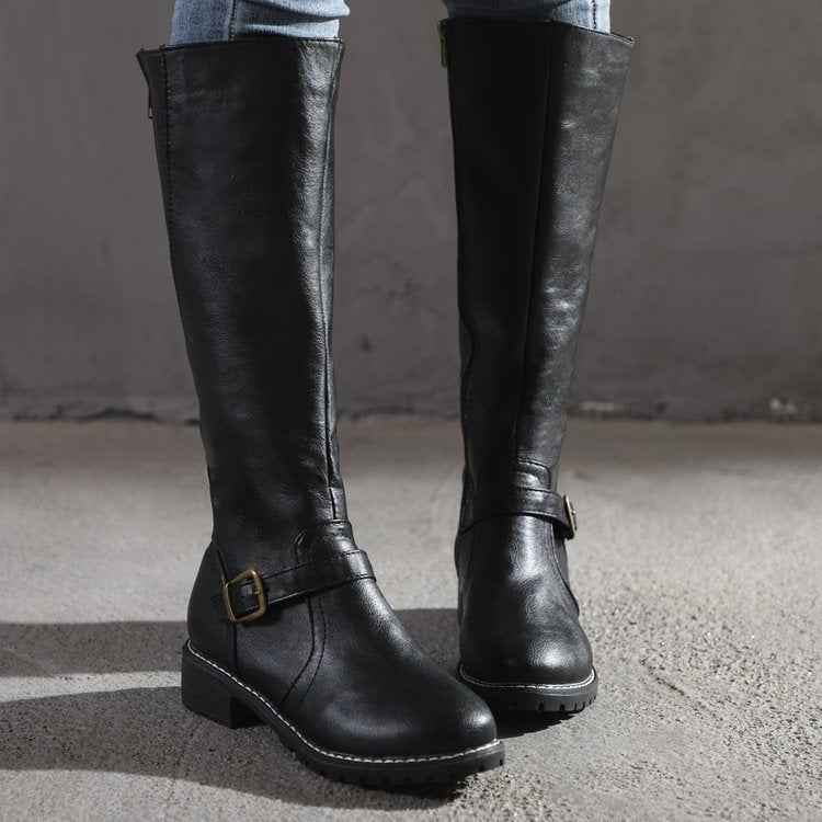 Lia | Women's Buckle Strap Knee-High Boots with Low Block Heel