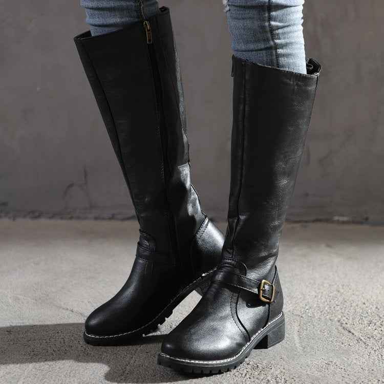 Lia | Women's Buckle Strap Knee-High Boots with Low Block Heel