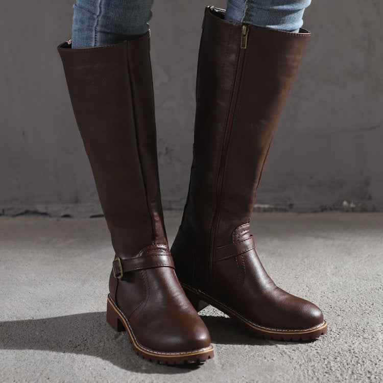 Lia | Women's Buckle Strap Knee-High Boots with Low Block Heel