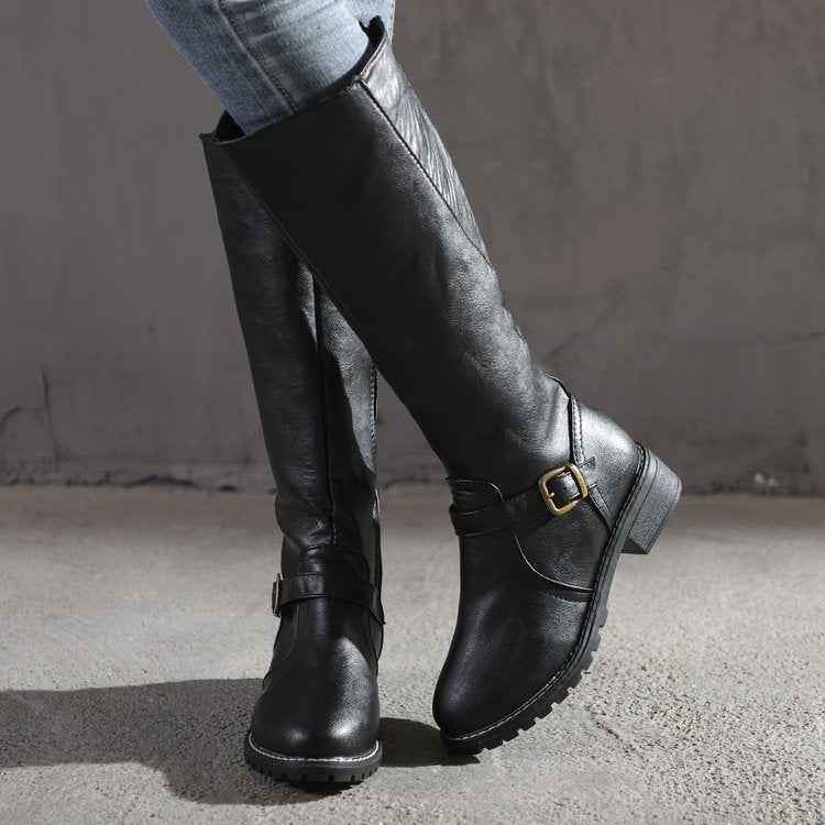 Lia | Women's Buckle Strap Knee-High Boots with Low Block Heel