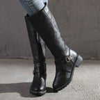 Lia | Women's Buckle Strap Knee-High Boots with Low Block Heel