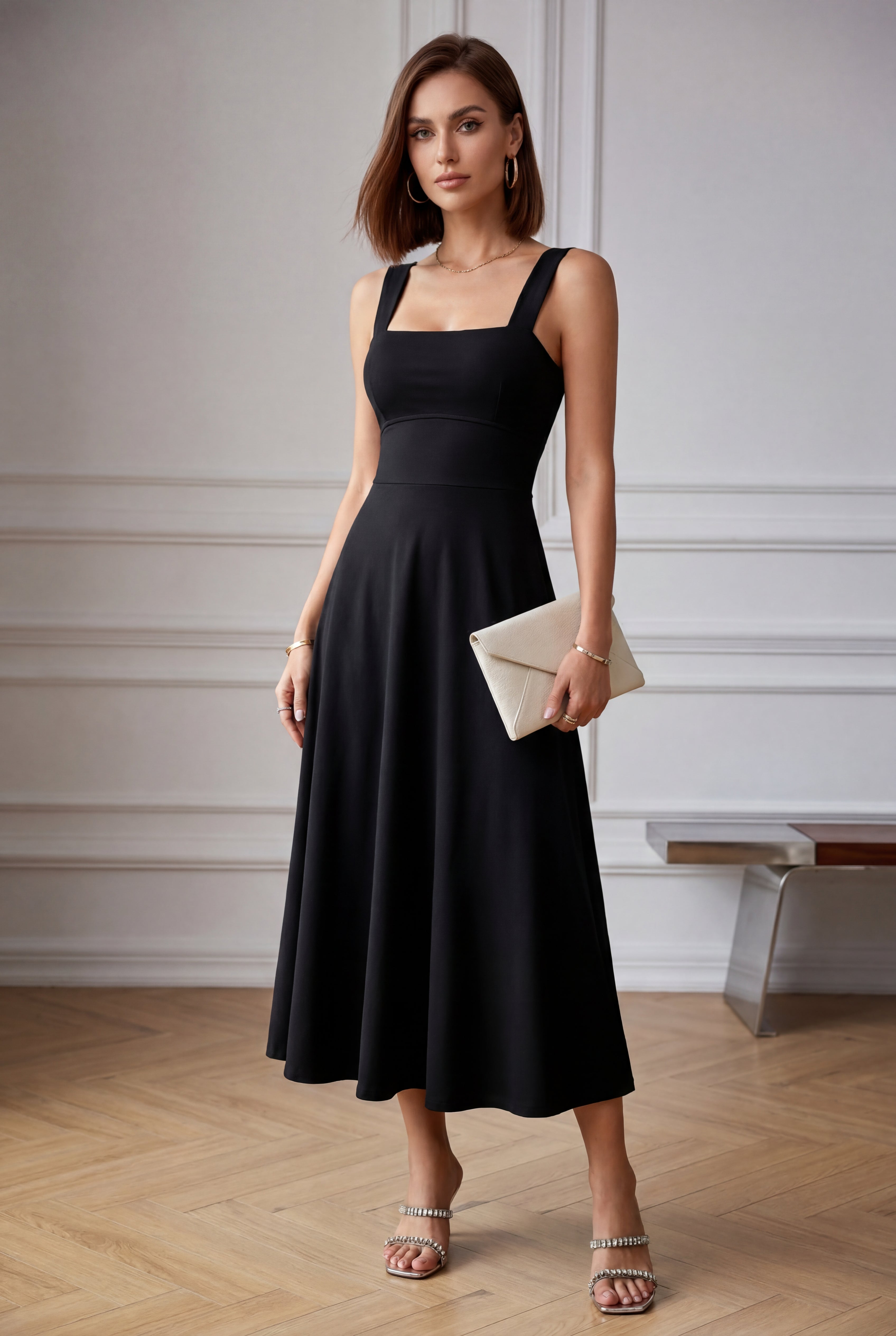 Alessia | Square Neck Sleeveless A-Line Midi Dress For Women