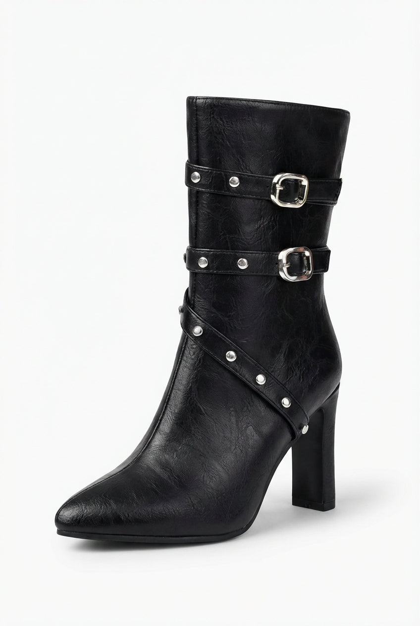 Lia | Women's Studded Buckle Strap Pointed Toe Ankle Boots