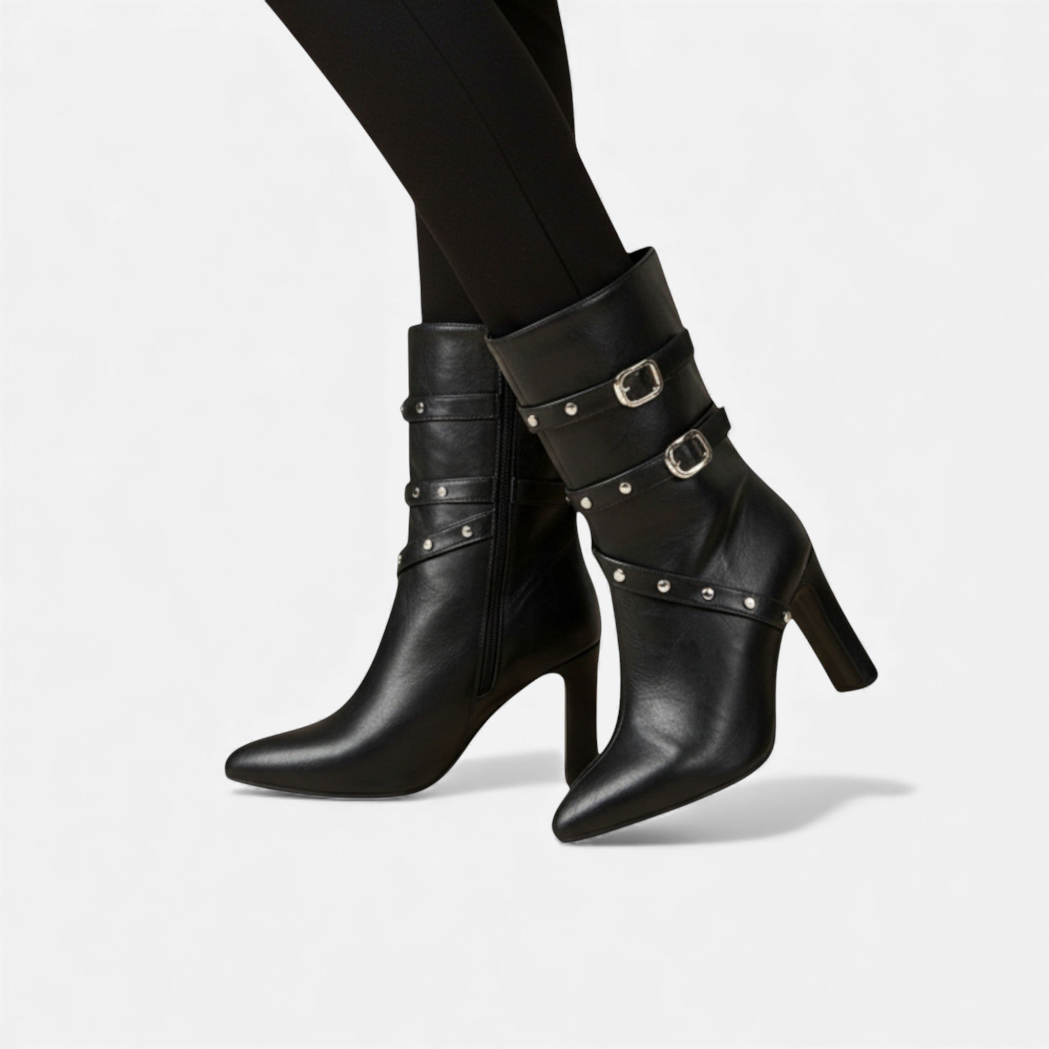 Lia | Women's Studded Buckle Strap Pointed Toe Ankle Boots