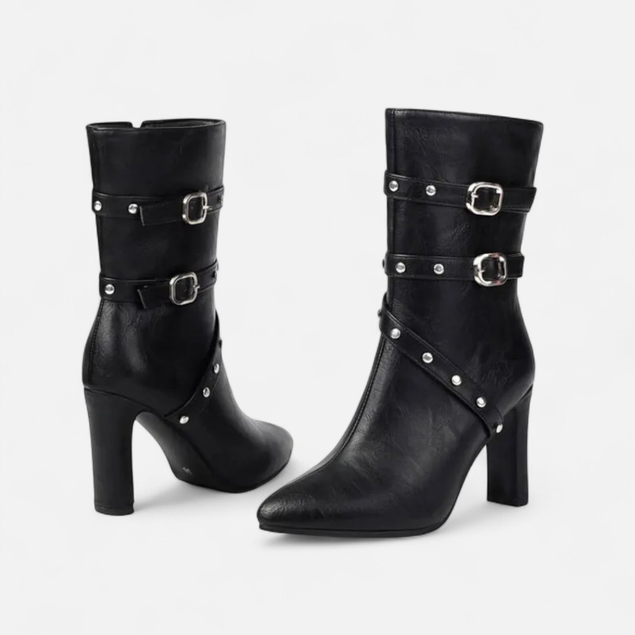 Lia | Women's Studded Buckle Strap Pointed Toe Ankle Boots