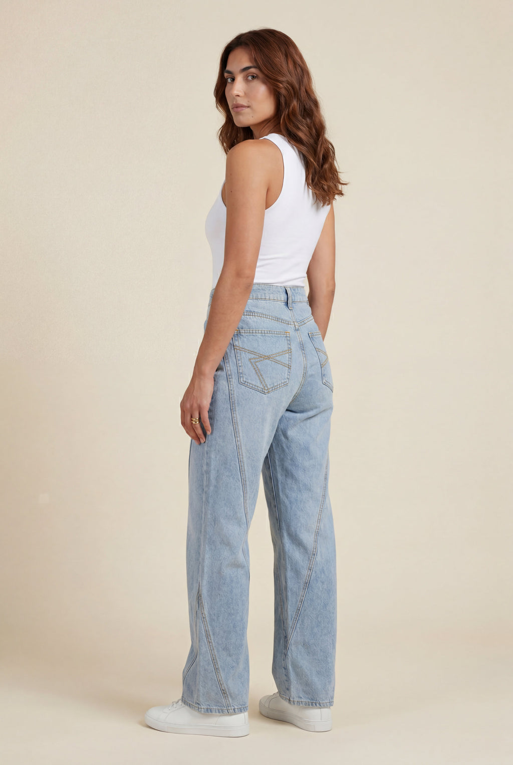 Lia | Angled Seam High Waist Straight Leg Jeans Light Blue