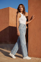 Lia | Angled Seam High Waist Straight Leg Jeans Light Blue