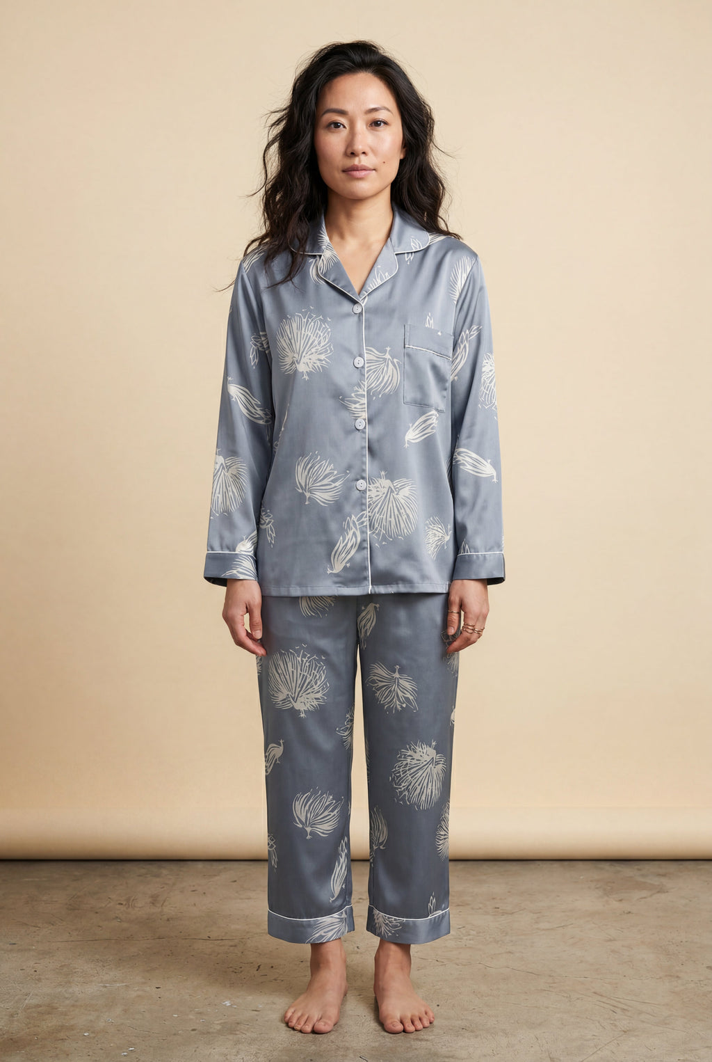 Lia | Floral Print Pajama Set with Button-up Blouse